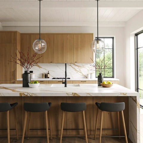 Globe Pendant Light In Black And Gold With Seeded Glass Shade Nine Point Five Inch Modern Ceiling Fixture Kitchen View