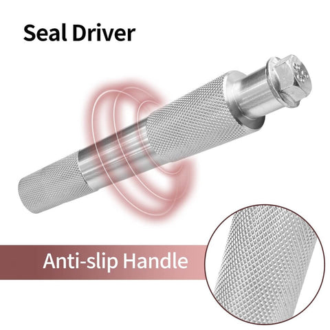 Close-up of anti-slip handle seal driver from 10 Piece Bearing Press Kit With Universal Race And Seal Driver Set Includes 9 Adapters And Red Seal Driver For Easy Bearing Installation In Cars Trucks And Motorcycles Heavy Duty Aluminum Alloy Construction
