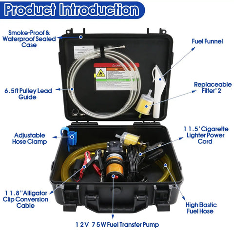 Open case displaying 12V 75W Electric Fuel Transfer Pump Kit with hoses, power cord, and accessories for vehicles and boats.