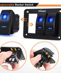 3 Gang Aluminum Panel Toggle Rocker Switch Kit with pre-wired harness, shown in assembly with replaceable rocker switch