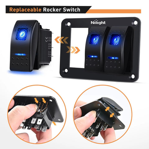 3 Gang Aluminum Panel Toggle Rocker Switch Kit with pre-wired harness, shown in assembly with replaceable rocker switch