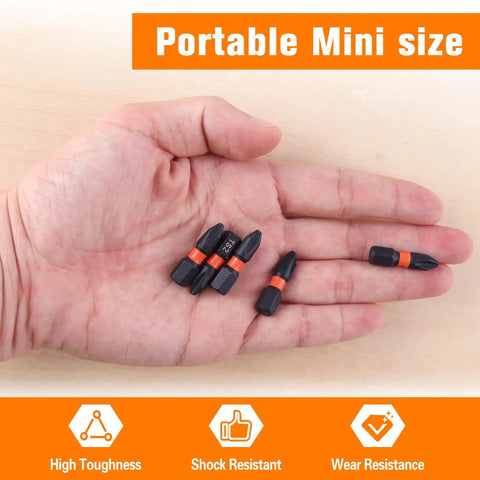 Hand holding Impact Magnetic Phillips Bit Set, 25 Pc, 1 Inch Bits With One Quarter Inch Hex Shank, S2 Steel, portable size