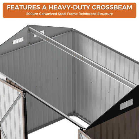 Interior view 8x6Ft Outdoor Storage Shed With Clear Windows, Lockable Doors, Breathable Vent, Metal Garden Tool Shed, brown
