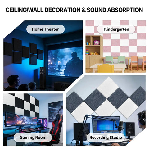 High Density Acoustic Absorber Panels 6 Pack 16 By 12 Inch Soundproofing Wall Tiles in home theater, kindergarten, gaming room, recording studio.