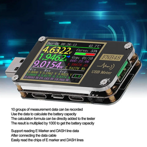 High Precision USB Voltmeter And Ammeter With Color LCD Screen displaying voltage, current, and power, Digital USB Tester for PD Fast Charge