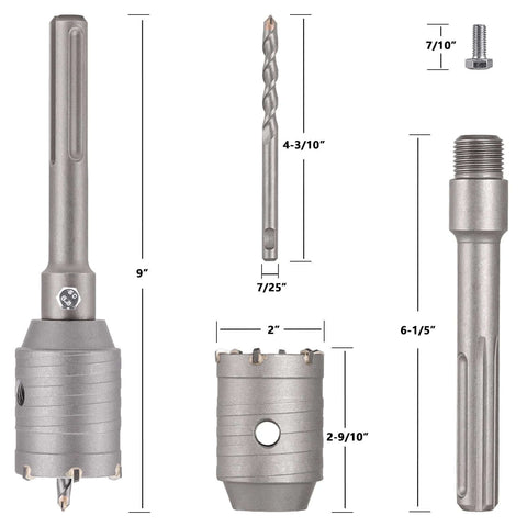 Berserker SDS-Max core drill bit, 2 in x 9 in for concrete, silver finish; compatible with BSK-42M/BSK-50F