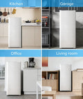 Compact Upright Freezer With 6 Cubic Feet Capacity And Seven Temperature Settings in kitchen, garage, office, and living room settings.