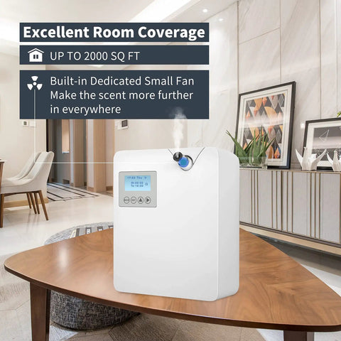 Smart Cold Air Scent Diffuser For Home With Dry Mist Technology To Vaporize Essential Oils Fast Without Water Or Heat And Straight Up Smooth 300 Ml Capacity White Aromatherapy Fragrance Machine shown on table in a modern room.