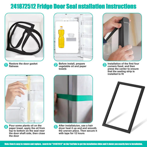 241872512 Refrigerator Door Gasket Replacement installation guide steps, showing gasket preparation, alignment, and final sealing.