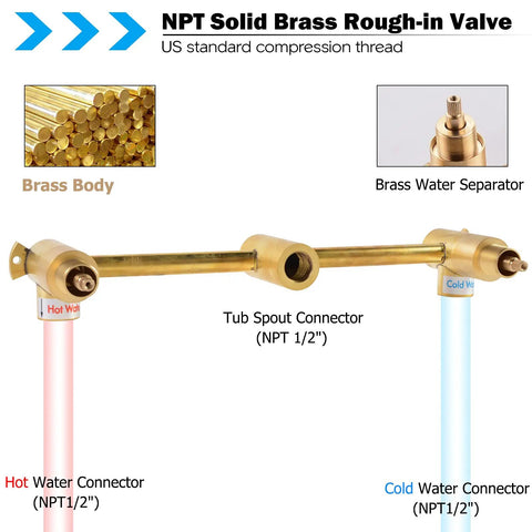 NPT solid brass rough-in valve with connectors for Two Handle Waterfall Wall Mount Tub Faucet In Brushed Nickel, Dope Look
