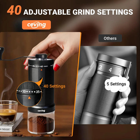 60g Large Capacity Manual Coffee Grinder With 40 Adjustable Settings alongside a grinder with 5 settings