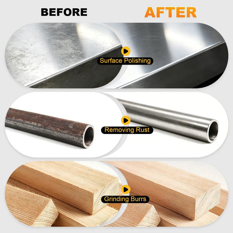 All In One 10-Piece 4.5 Inch Metal Polishing Kit For Angle Grinder showcasing surface polishing and rust removal effects