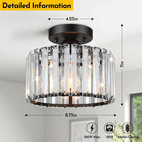 Dimensions and details of Semi Flush Mount Crystal Ceiling Light Fixture With Black Metal Cage, Farmhouse Chandelier Vibe, E26 Base.