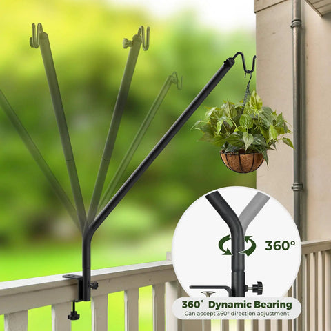 Dang Sturdy Telescoping Deck Rail Hook Adjustable From Twenty Seven To Thirty Nine Inches quick snap clamp mounted with plant basket.