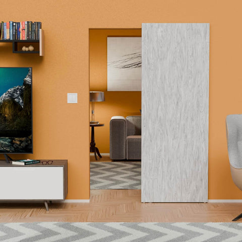 Installed Soft Close Concealed Door Hardware Kit With Hidden Sliding Track For 31 To 43 Inch Doors in a modern living room