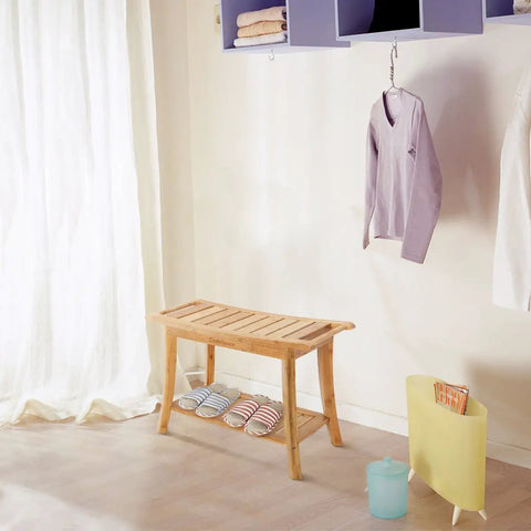 Must Have 100 Percent Bamboo Shower Bench With Storage Shelf, 24 Inch Waterproof Shower Chair with slippers underneath