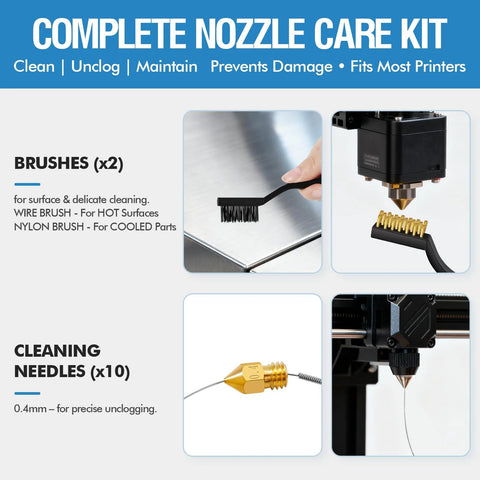 3D printer nozzle care kit with brushes (x2) and cleaning needles (x10) for nozzle cleaning.