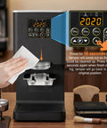 Electronic Automatic Espresso Tamper With 58mm Coffee Distribution Disc Adjustable Pressure Settings showing control panel and cleaning process.