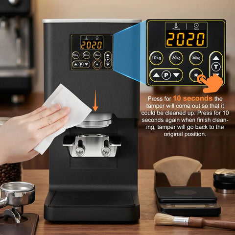 Electronic Automatic Espresso Tamper With 58mm Coffee Distribution Disc Adjustable Pressure Settings showing control panel and cleaning process.