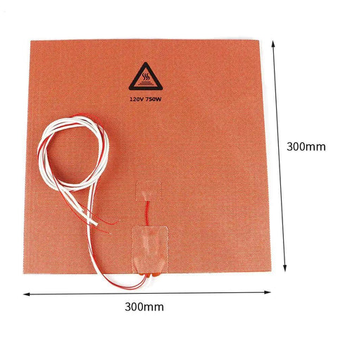 Beefed Up Silicone Heated Bed Mat For 3D Printers 120V 750W With NTC 100K Thermistor No Hole 300x300mm 12x12 In Keeps Heat Even