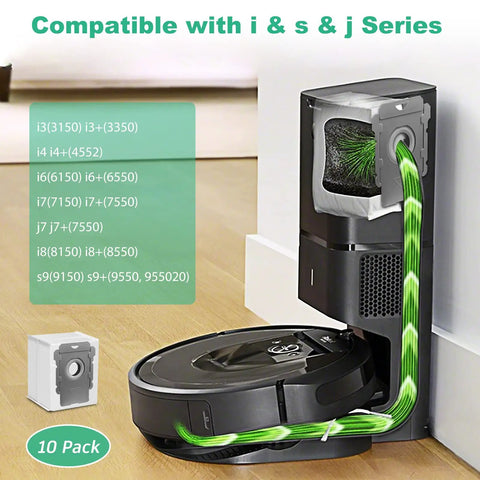 Reusable Roomba Vacuum Bags For Everyday Cleaning Compatible With I7 I7 Plus I3 I3 Plus I4 I4 Plus I6 I6 Plus I8 I8 Plus J7 J7 Plus S9 S9 Plus Automatic Dirt Disposal Bags 10 Pack shown on robotic vacuum system.