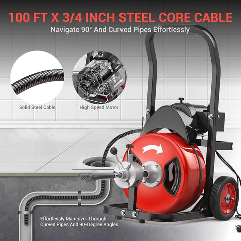 Super Heavy Duty Sewer Snake Machine Equipped With 100 Feet Of Rugged Cable And A Badass 750 Watt Motor designed to rip through 90-degree pipes.