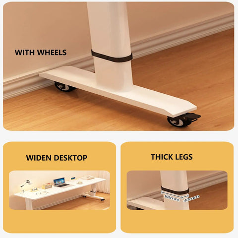 Built To Last Steel And Engineered Wood Adjustable Standing Desk With Smooth Hand Crank Height Adjustment showing wheels and sturdy legs.