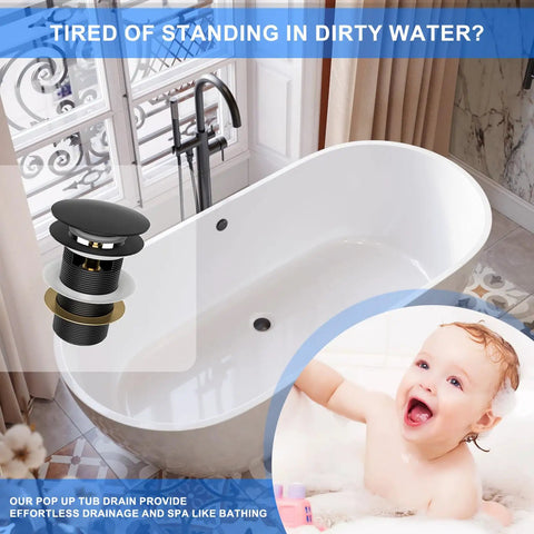Heavy Duty Pop Up Drain For Freestanding Tub Featuring A Slick Matte Black Finish Crafted From Solid Brass with a tub and baby.
