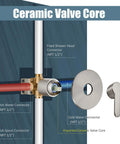 Tub Shower Faucet Set With Valve And Wall Mount Trim Kit For 6 Inch Tub Fixtures showing ceramic valve core and connectors