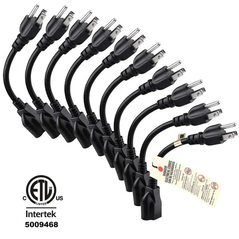 Outlet Saver Power Extension Cord 16 AWG 3 Prong 8 Inch Black 10 Pack ETL Listed with durable molded blades and labels.