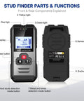Wall Scanner Stud Finder with Deep Scan 4 Depth Modes-Electronic Stud Detector showing front and back components with LCD display and buttons.