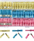 All In One 220 Piece Wire Spade Connectors Kit With Heat Shrink Terminals, organized in red, blue, yellow sections in a case.
