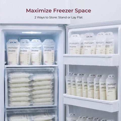 200 Pack Breastmilk Storage Bags Featuring Nifty Temperature Color Shift And Knockout Double Zip Seal For Freezing 6 Ounce Sterilized Breastfeeding Supplies Dead Simple Straight Up Smooth Sailing Bundle stored in a freezer.