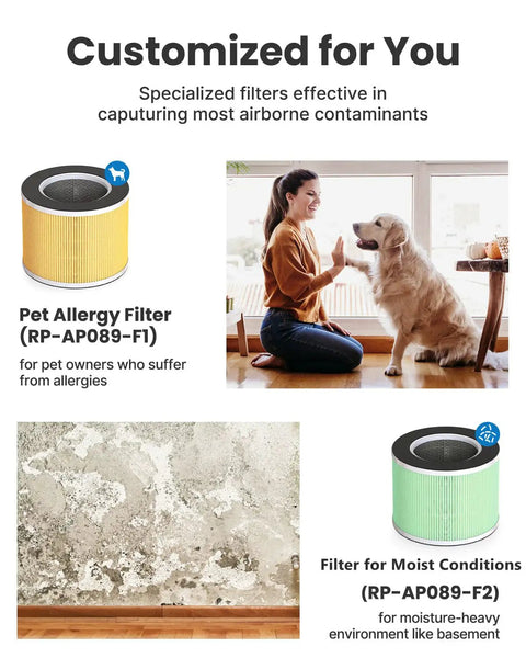 Image showing True HEPA Replacement Filter For RP-AP089W And RP-AP089B Air Purifiers, pet and moisture filter options.