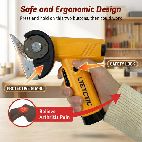 Heavy Duty Cordless Electric Scissors With 3 High Carbon Steel Blades For Cutting Cardboard Boxes Up To Quarter Inch Thick Leather And Carpet Four Speed Settings Led Light Safety Lock Powerful 2000 Mah Battery Rechargeable Tool For Home Business handheld design with safety lock and protective guard