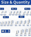 No Nonsense 1200 Pcs Silver Carbon Steel Self Tapping Screw Pack M1.2 To M2.3 Assorted Kit shown with size and quantity breakdown.