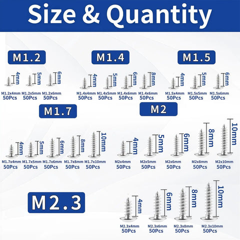 No Nonsense 1200 Pcs Silver Carbon Steel Self Tapping Screw Pack M1.2 To M2.3 Assorted Kit shown with size and quantity breakdown.