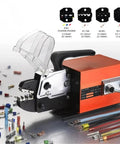 High Performance Hydraulic Crimping Tool With 15 Interchangeable Dies, featuring a strong grip and metal crimping jaws on a bench.