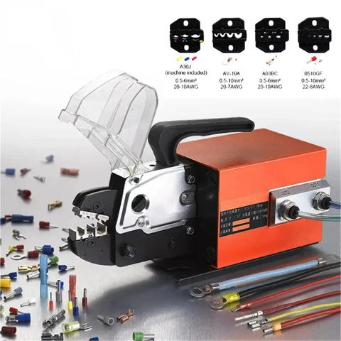High Performance Hydraulic Crimping Tool With 15 Interchangeable Dies, featuring a strong grip and metal crimping jaws on a bench.