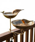 Dual Tier Deck Mounted Bird Bath With Grip Guard Railing Clamp And Seed Feeder For Balconies Apartments And Patios Hustle Free Setup with birds feeding.