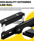 Straight Up Heavy Duty Countertop Extension Slide Rail For Kitchen Counters And Island Extensions With Buttery Smooth Soft Close Buffer Damping Rust Resistant Cold Steel Build Up To Twelve Point Six Inch Track close-up of rail construction showing steel build and durability features.