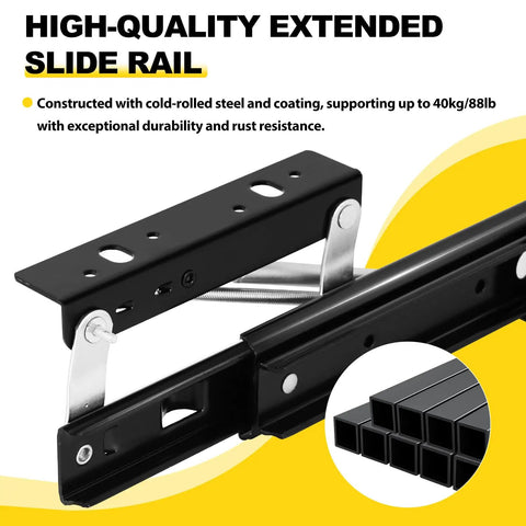 Straight Up Heavy Duty Countertop Extension Slide Rail For Kitchen Counters And Island Extensions With Buttery Smooth Soft Close Buffer Damping Rust Resistant Cold Steel Build Up To Twelve Point Six Inch Track close-up of rail construction showing steel build and durability features.