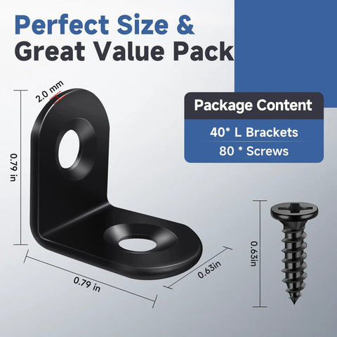Straight Up 40 Piece L Bracket Corner Brace Set Built With Quality Black Stainless Steel Alongside Complete Screw Kits, showing 1 black steel L bracket dimensions.