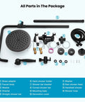 Oil Rubbed Bronze Shower Faucet Set With 8-Inch Rainfall Head, Handheld Sprayer, Dual Lever Handle components laid out