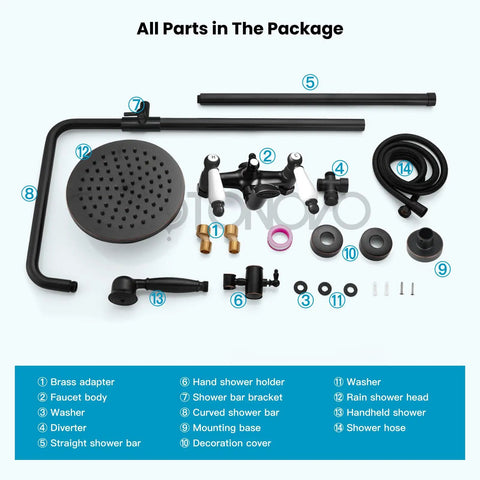 Oil Rubbed Bronze Shower Faucet Set With 8-Inch Rainfall Head, Handheld Sprayer, Dual Lever Handle components laid out