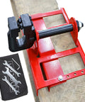 Kickass Portable Chainsaw Mill Guide Rail Positioner with heavy duty red steel frame and tool kit for precise timber milling.