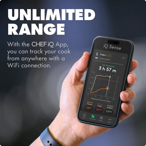 Smart Wireless Meat Thermometer With Two Ultra Thin Probes, WiFi Remote Range, Heat Safe To 1000F, Five Sensors No Guesswork For Maximum Accuracy, Real Time Temps, Rest Reminders, Guided Cooking For Grill, Oven, Smoker And Air Fryer app screen in hand