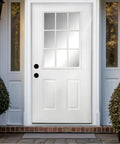 Top Shelf Fiberglass Entry Door Thirty Six By Eighty Inches Nine Lite Low E Glass Primed White Oak Knock Down Build with sidelights.