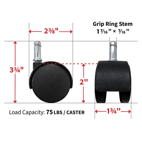 2-Inch Twin Wheel Office Chair Caster With Grip Ring Stem Mount For Smooth Glide On Carpets And Hard Floors Three Eighths Inch Stem Diameter 75 Lb Load Capacity Per Caster Replacement Wheel shown with dimensions and load capacity.