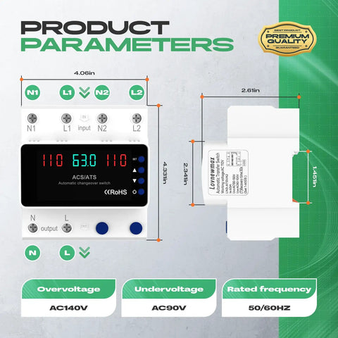Automatic Transfer Switch 63A 110V for Power Outages With DIN Rail Mount Generator Transfer Switch Featuring Dual Automatic And Manual Operation LED Display Over Voltage And Over Current Protection 50 60 Hz.